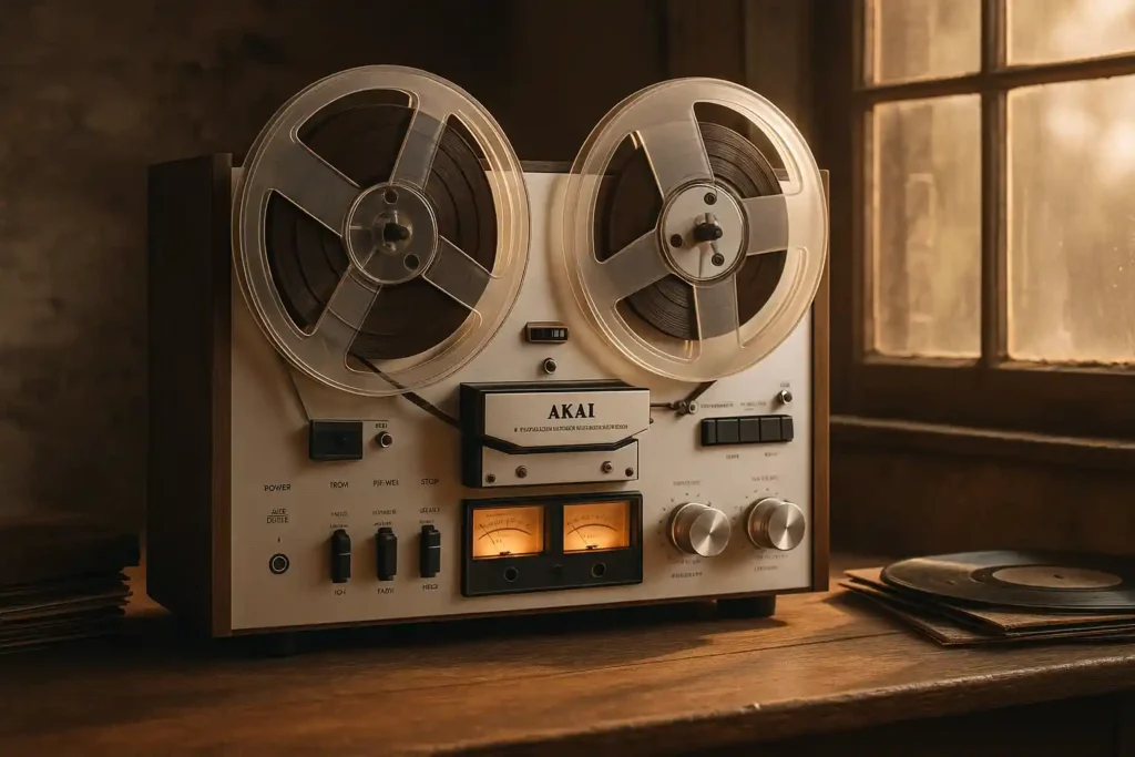Close-up van een vintage Akai bandrecorder op een houten tafel in warm avondlicht, met retro vinylplaten en een nostalgische sfeer.