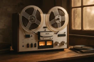 Close-up van een vintage Akai bandrecorder op een houten tafel in warm avondlicht, met retro vinylplaten en een nostalgische sfeer.