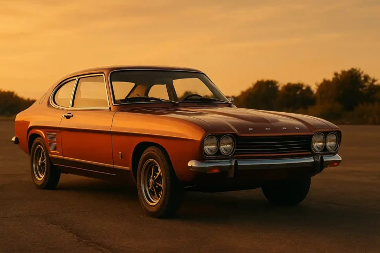 Vintage Ford Capri uit de jaren '70 in avondlicht op verlaten parkeerterrein