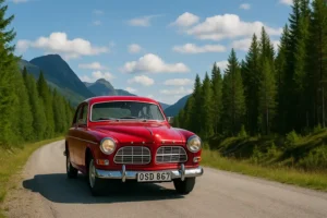 Rode Volvo Amazon op een schilderachtige Noorse landweg, omringd door bossen en bergen.