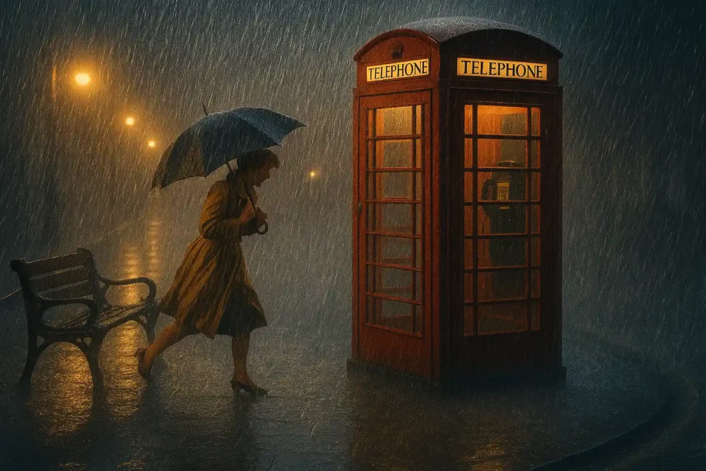 Vrouw rent door de regen naar een telefooncel