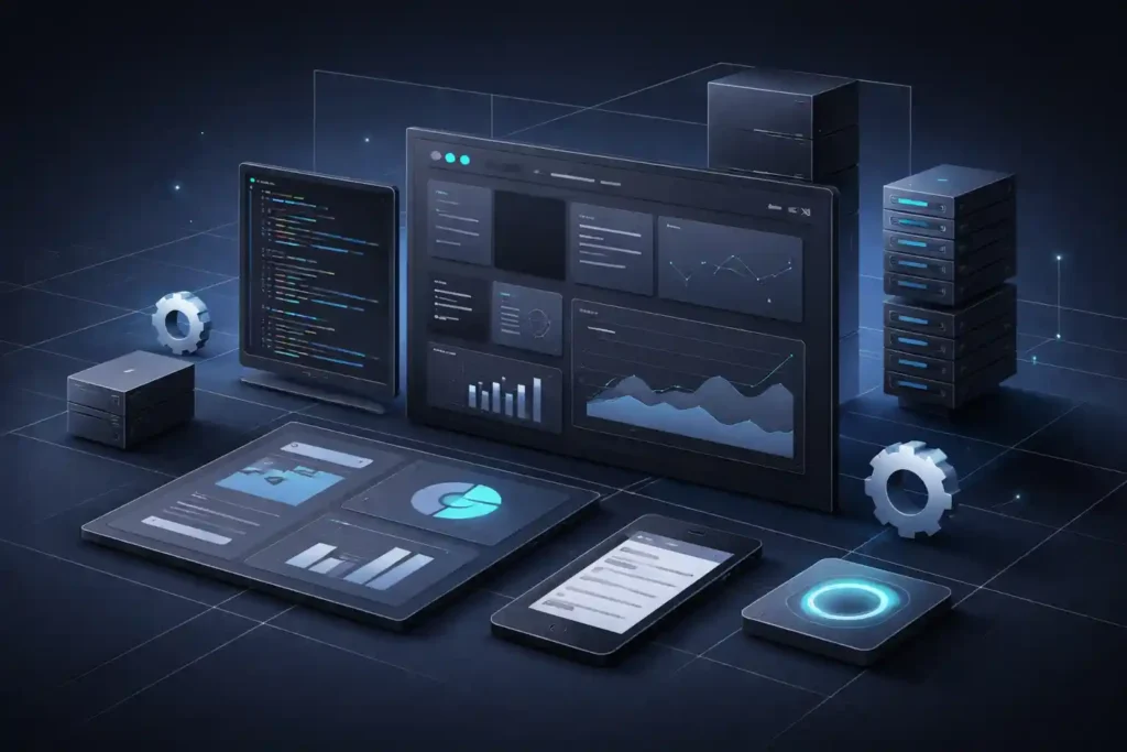 Minimalistische webarchitectuur in dark mode met code en dashboards, gericht op snelheid, eenvoud en privacy-first ontwikkeling